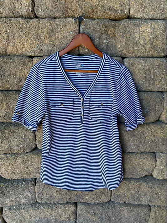 Women’s short-sleeve navy and white striped shirt with V-neck and front chest pockets.