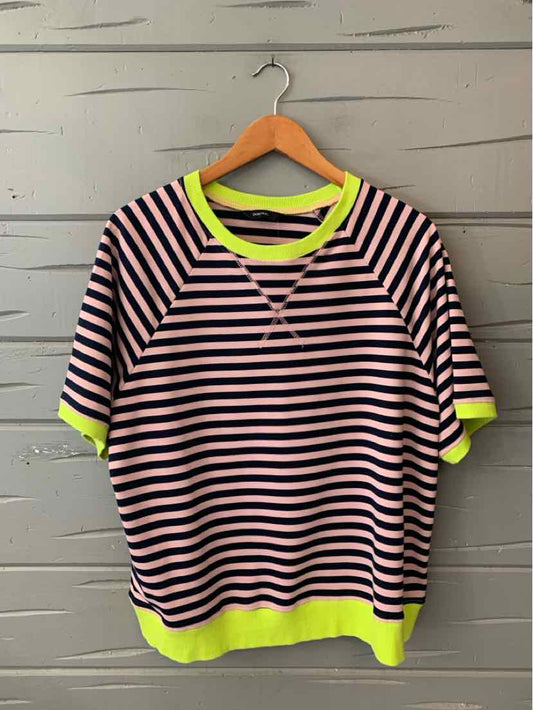 Short-sleeve striped casual top in black and white with neon yellow trim for women's activewear apparel.