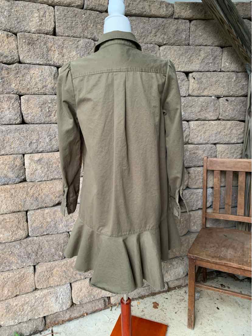 Olive green long-sleeve dress with ruffled hem and structured collar.