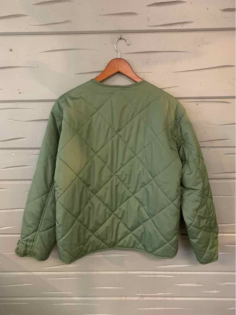 Olive green quilted jacket with diamond stitching and round neckline, lightweight fabric.