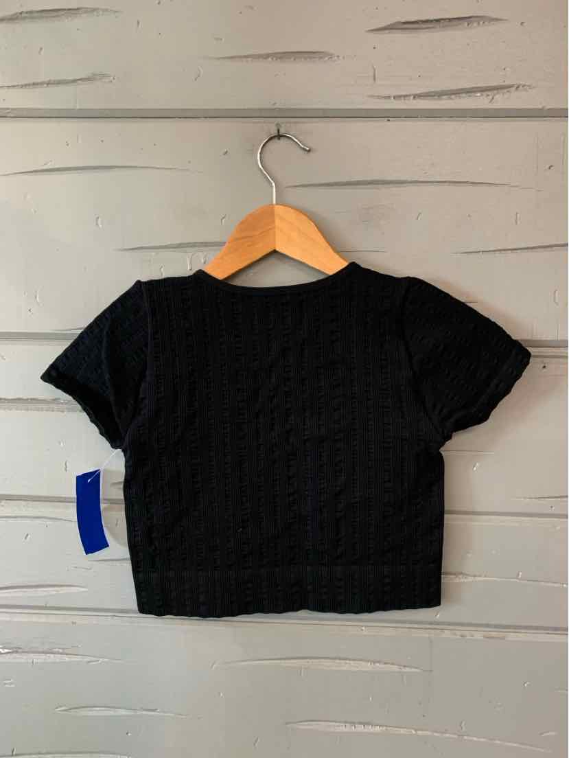 Black cropped short-sleeve top with a textured knit pattern and a relaxed fit.