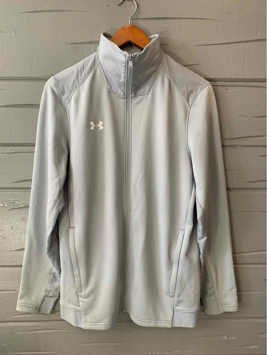 Light gray Under Armour zip-up jacket with high collar and side pockets, size small.