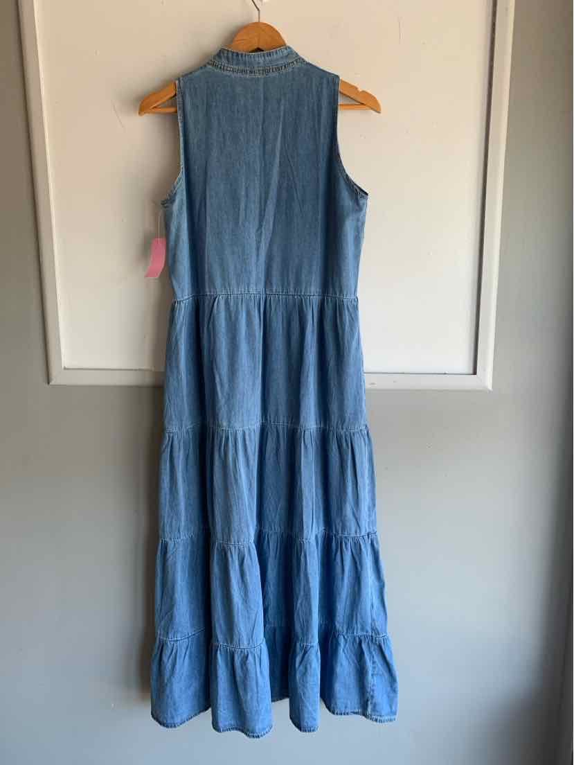 Sleeveless blue denim maxi dress with tiered skirt and round neckline.