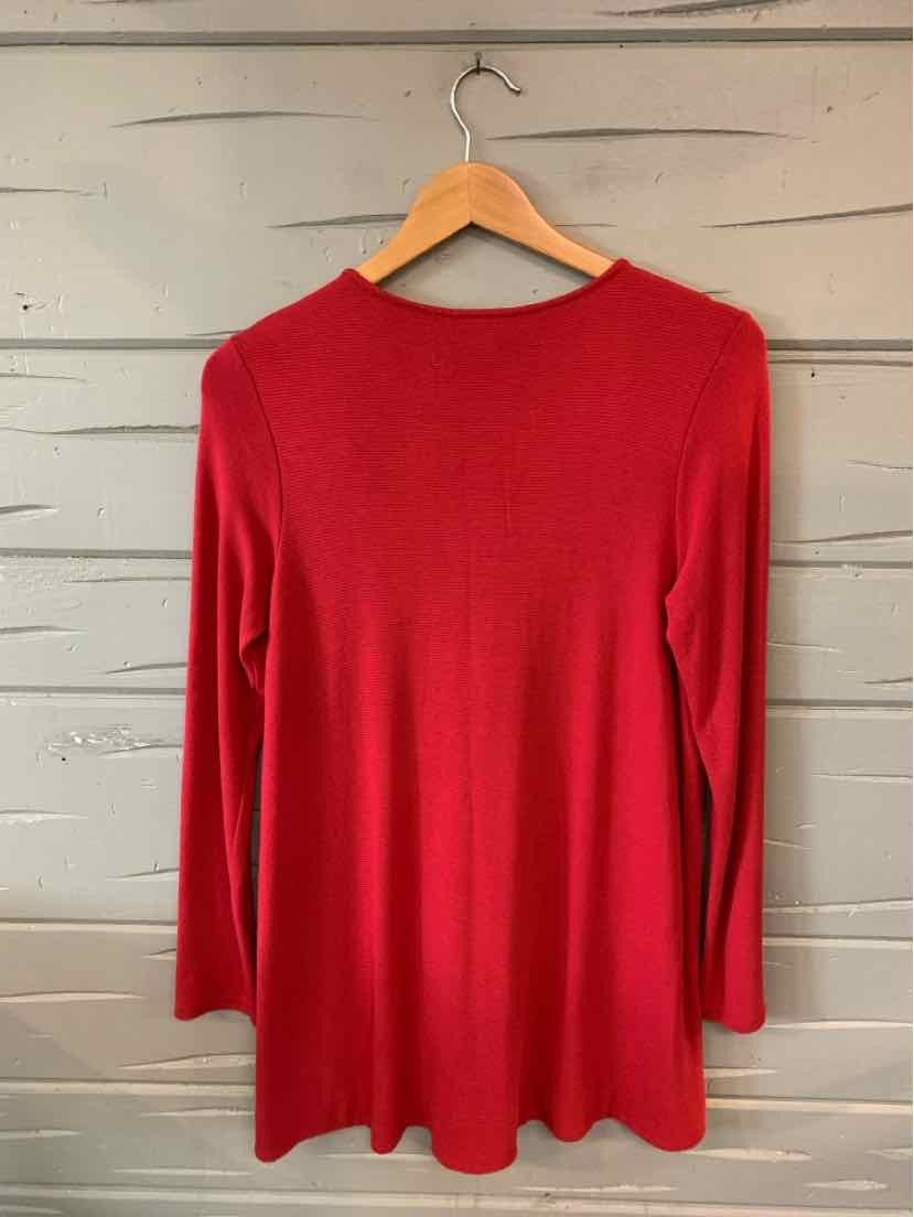Red long-sleeve shirt with a round neckline, lightweight knit, size small.