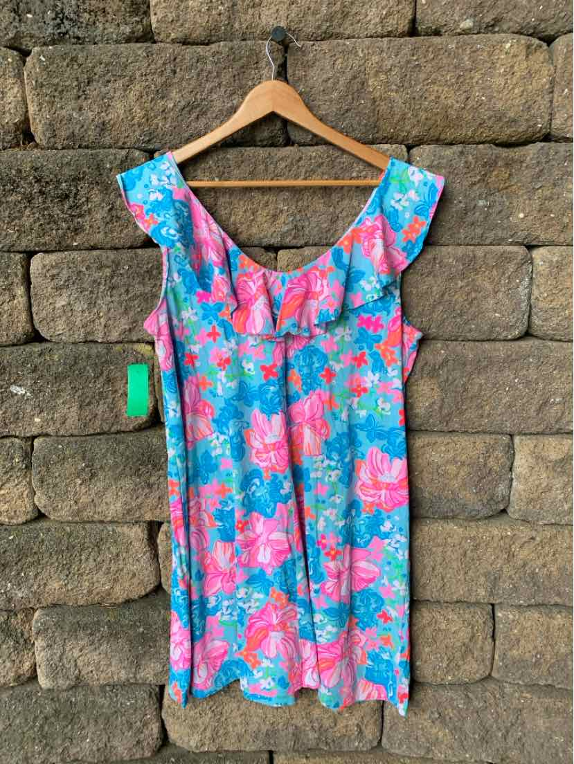 Aqua dress with pink floral print, ruffled neckline, short sleeves, and knee-length hem in XL size.