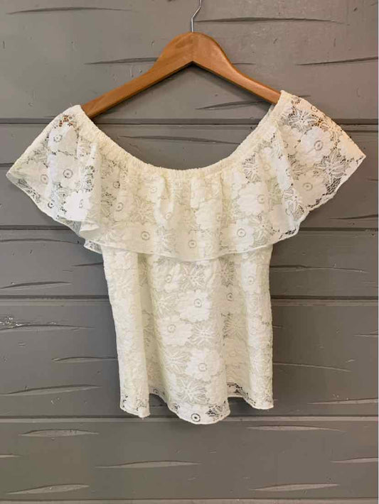 White lace off-shoulder top with ruffled neckline and short sleeves, size small.