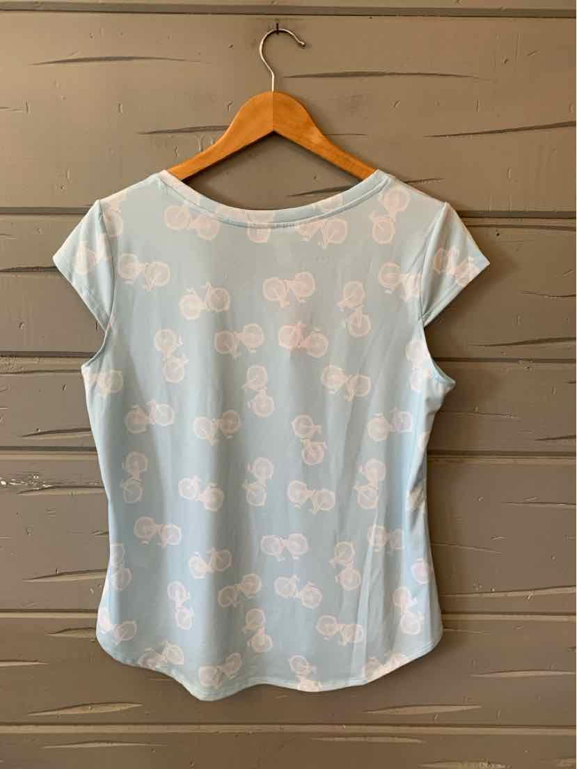 Light blue short-sleeve shirt with a relaxed fit and a white bicycle pattern throughout.