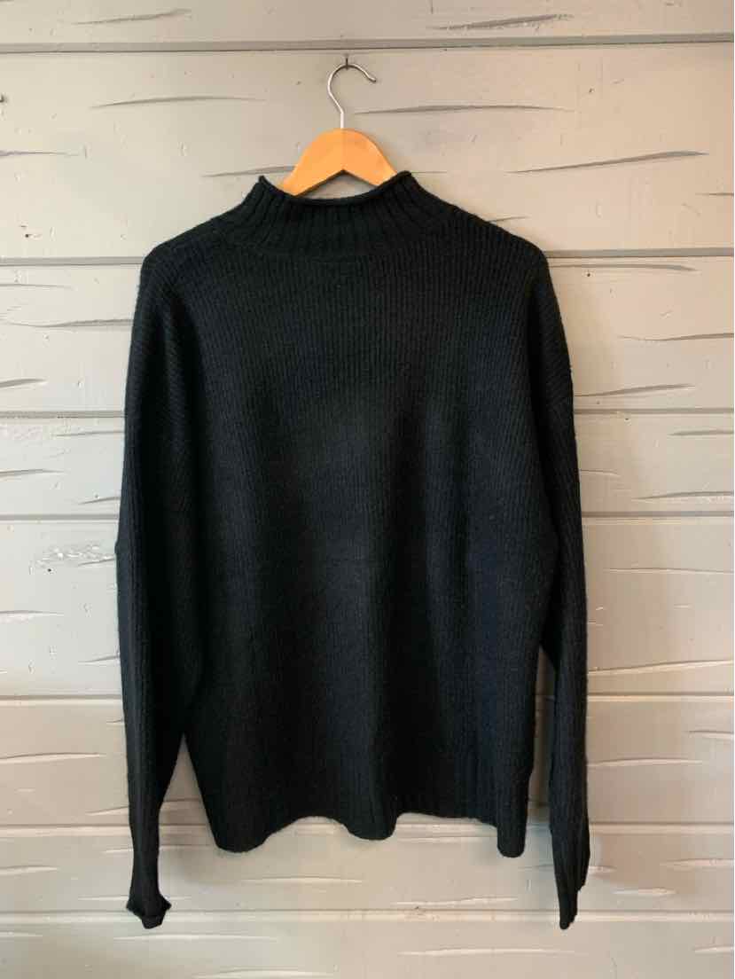 Black long-sleeve knit sweater with mock neck and relaxed fit in size XL.