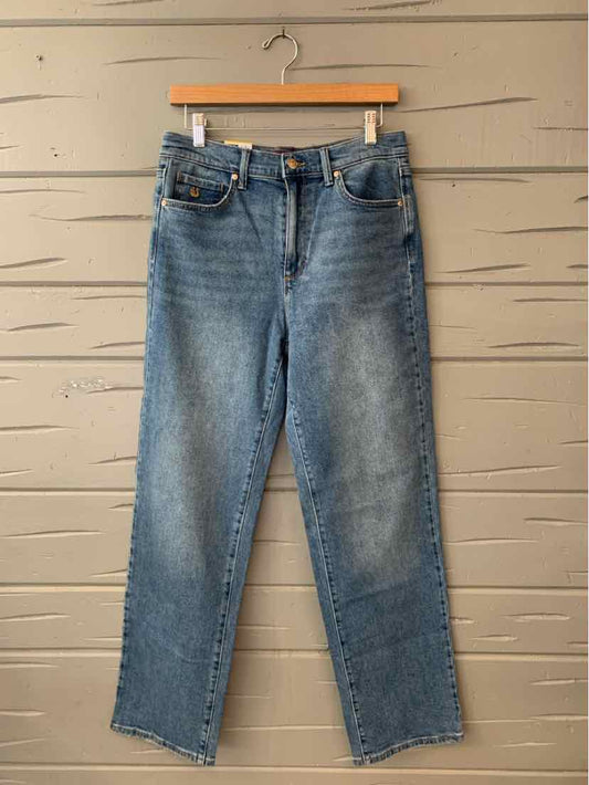 Straight-leg blue denim jeans with faded wash, classic five-pocket design, and button closure.