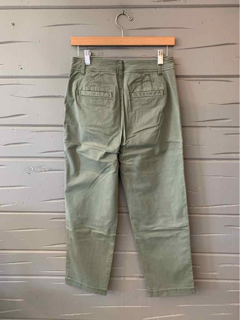 Olive green Gap pants with a button closure, belt loops, and two front pockets.