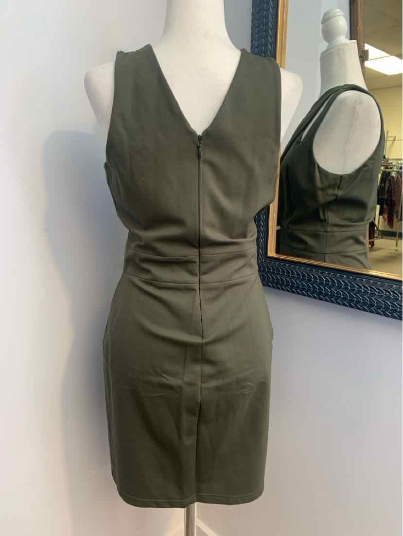 Olive green sleeveless fitted dress with V-neck and front seam detailing.
