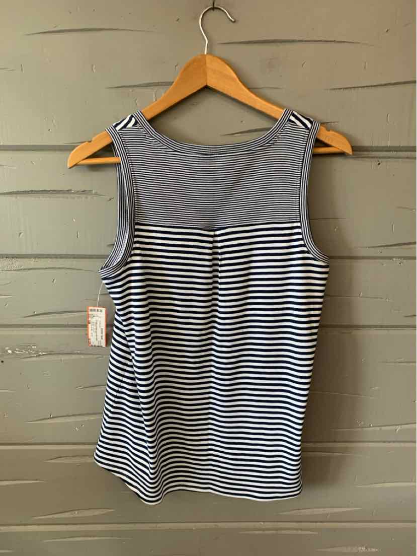 Sleeveless striped tank top with gray upper panel and black and white horizontal stripes below.
