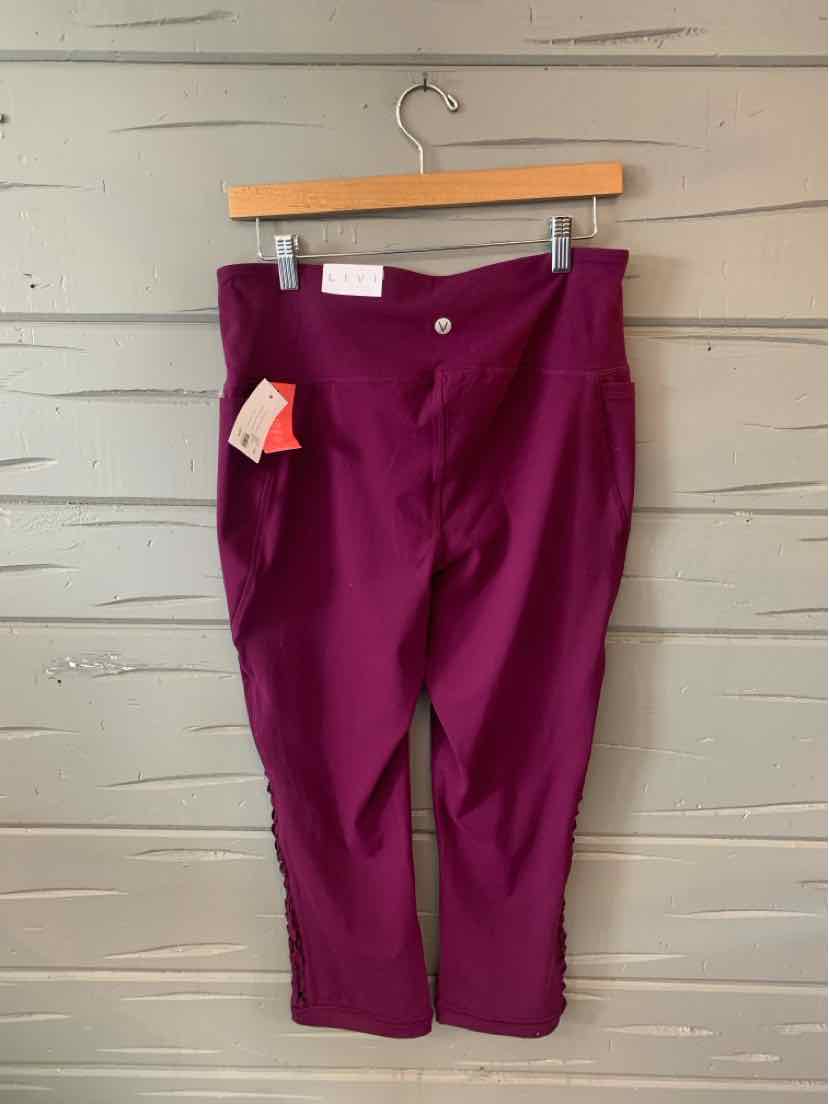 Purple cropped pants with button and zipper front, mid-rise waistband, and side pockets.
