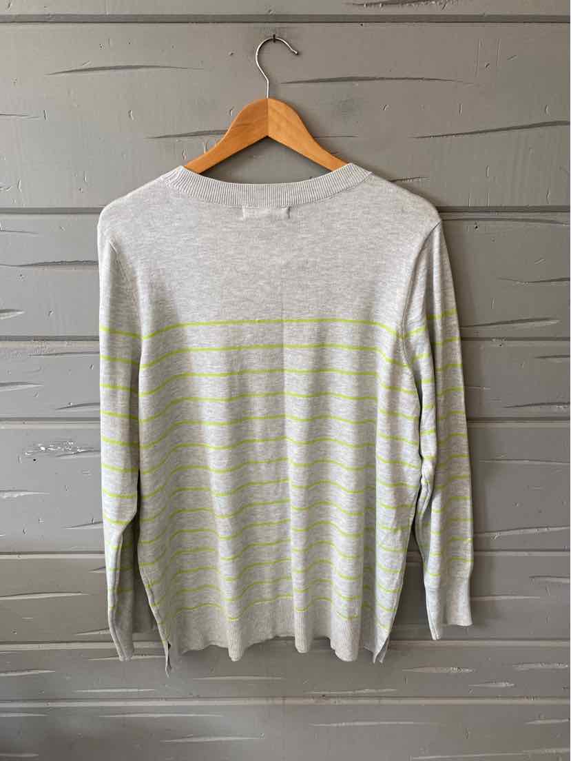 Light gray marled long-sleeve sweater with thin horizontal yellow stripes, size 1X, hanging on wooden hanger.