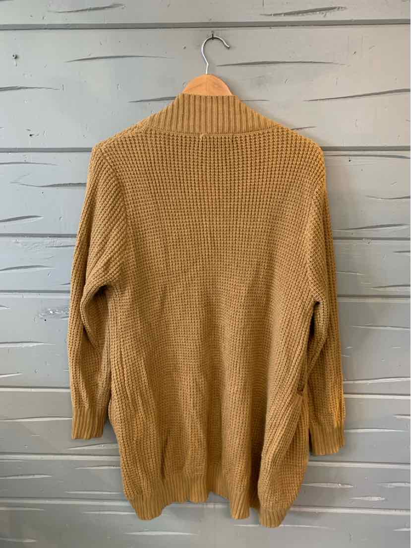 Tan long knit cardigan with ribbed collar and long sleeves, size XL.