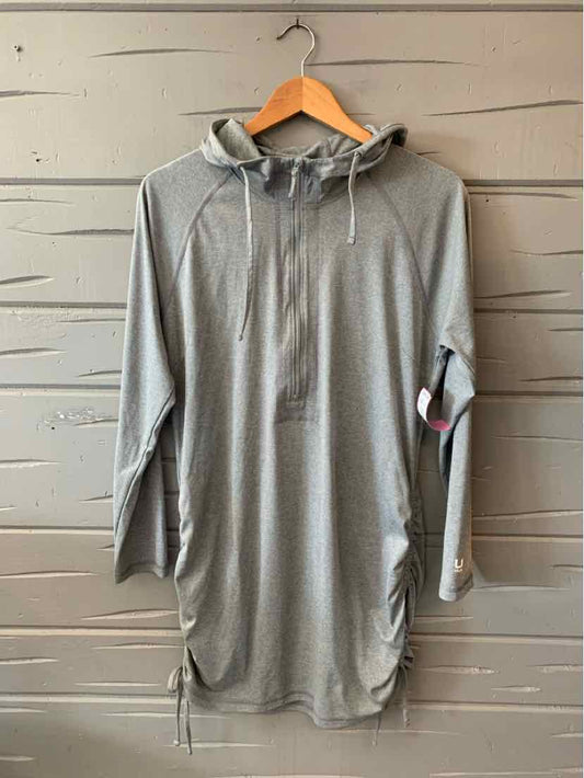 Light gray long-sleeve hooded dress with drawstring waist and side pocket detail.