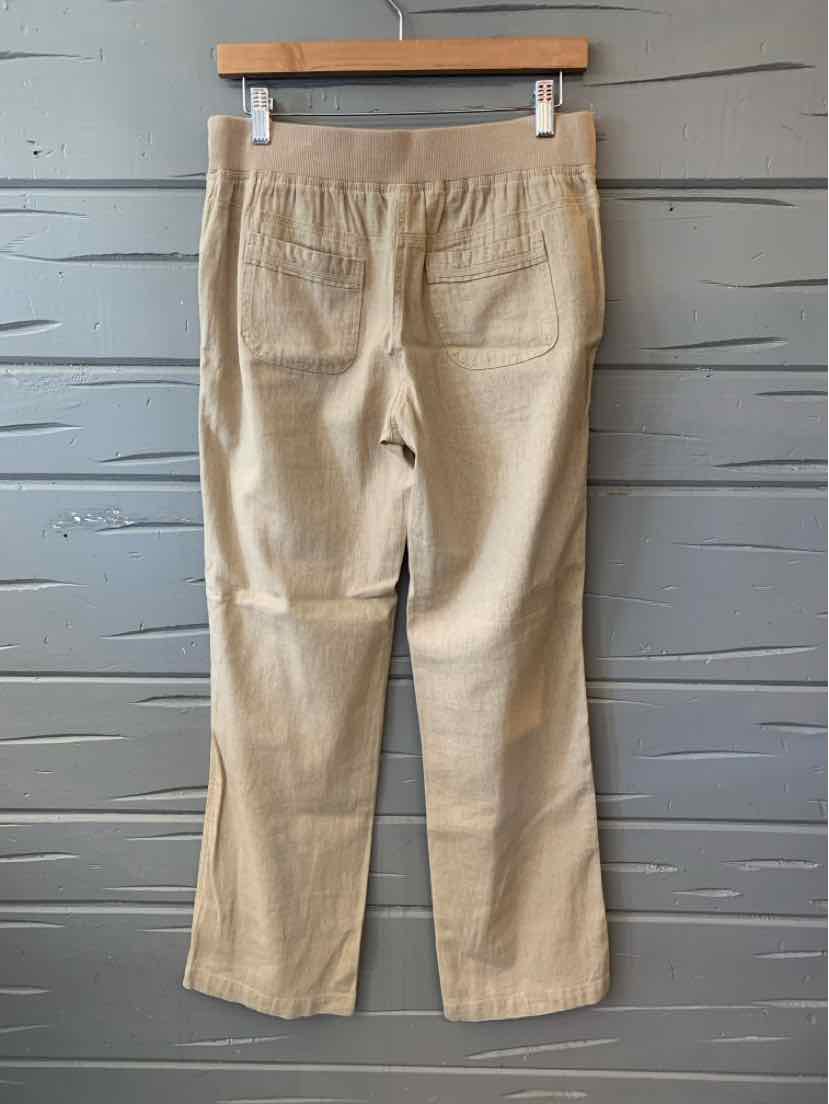 Tan solid straight-leg pants with back patch pockets and an elastic waistband, size small.