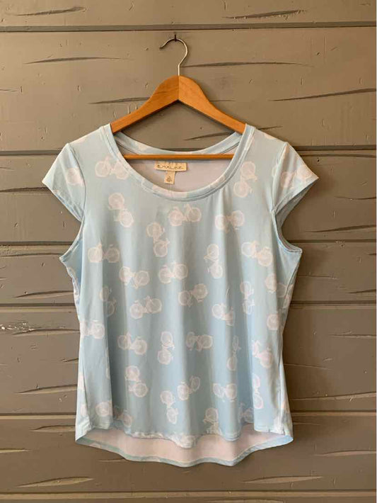 Light blue short-sleeve T-shirt with white bicycle print, round neckline, and relaxed fit on wooden hanger.