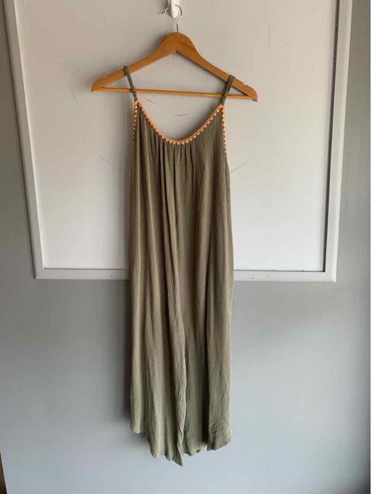Light olive green sleeveless maxi dress with orange trim and thin straps on wooden hanger.
