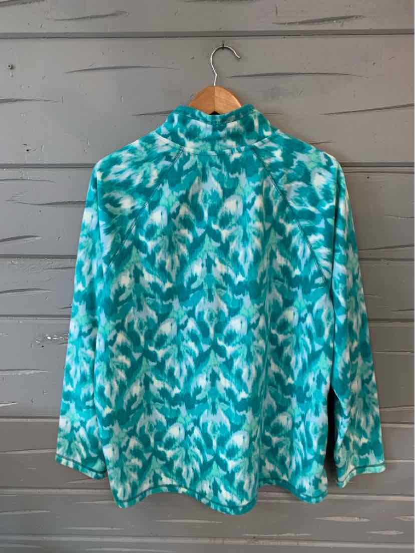 Teal long-sleeve pullover with white abstract leaf pattern, high collar, and relaxed fit, size XL.