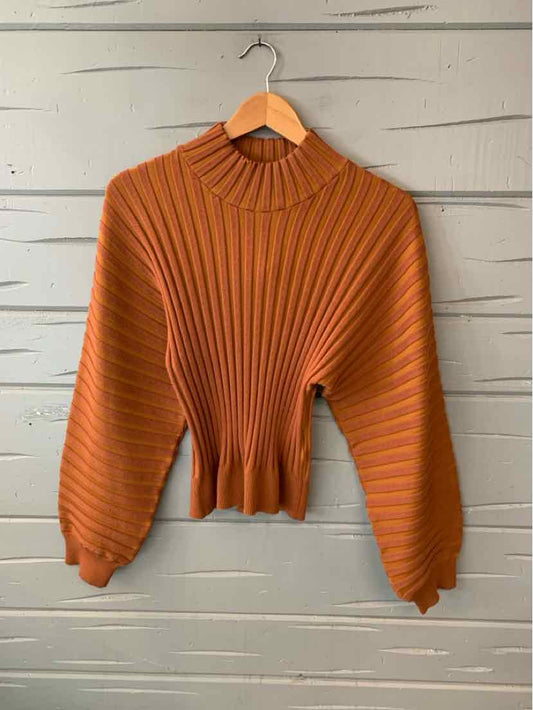 Tan ribbed knit sweater with balloon sleeves and mock neck, cropped fit in medium size.