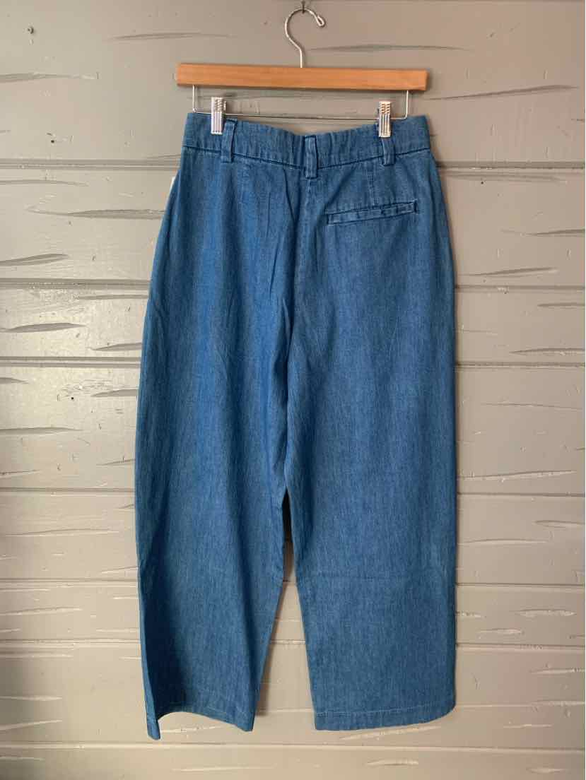 Blue denim wide-leg pants with high waist and back patch pocket, size 4.