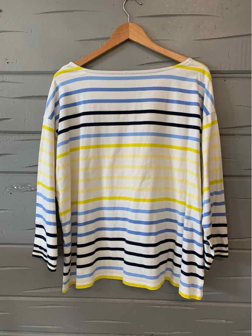 Long-sleeve top with horizontal stripes in blue, yellow, white, and black on a lightweight fabric.