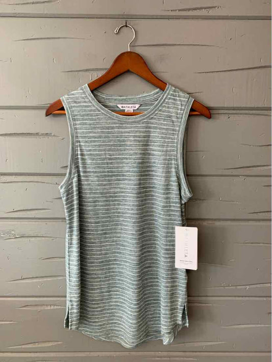 Light green and white striped sleeveless knit tank top with round neckline and rounded hem.