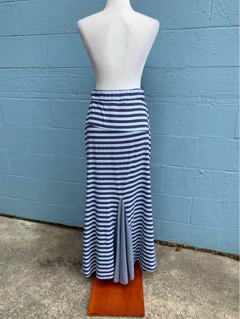 Blue and white horizontal striped maxi skirt with a flared hem and vertical front slit.