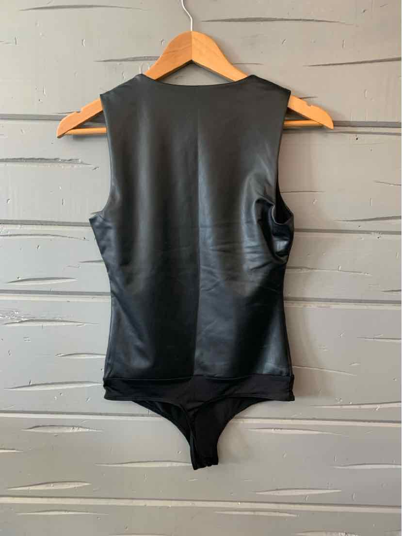 Black sleeveless faux leather bodysuit with high neckline and fitted silhouette.