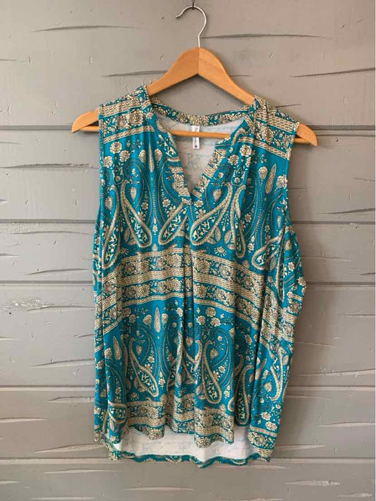 Sleeveless teal blouse with beige paisley pattern and V-neck, size XL, lightweight fabric.