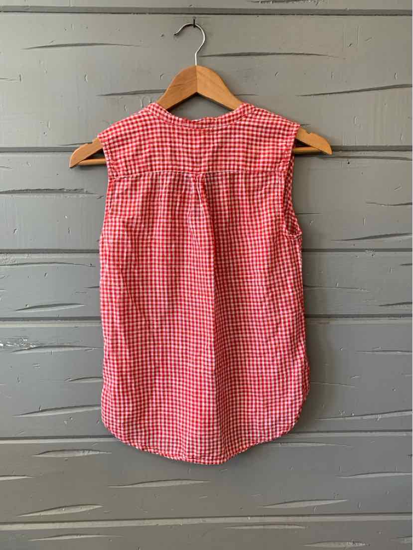 Red and white gingham sleeveless blouse with back pleats, size 2T, hanging on wooden hanger.