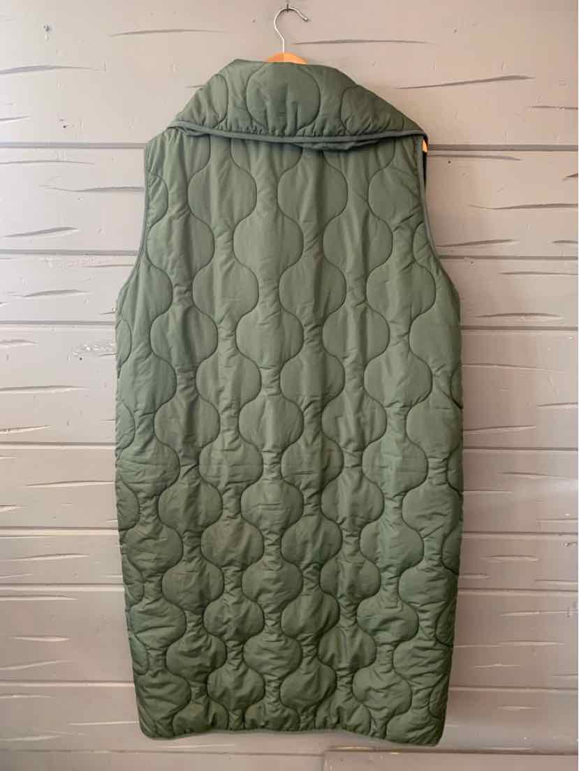 Long quilted olive green sleeveless vest with a high collar and rounded stitching pattern.