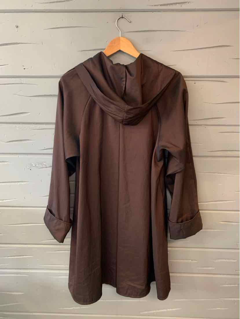 Brown long-sleeve hooded dress with rolled cuffs, loose fit, hanging on wooden hanger.