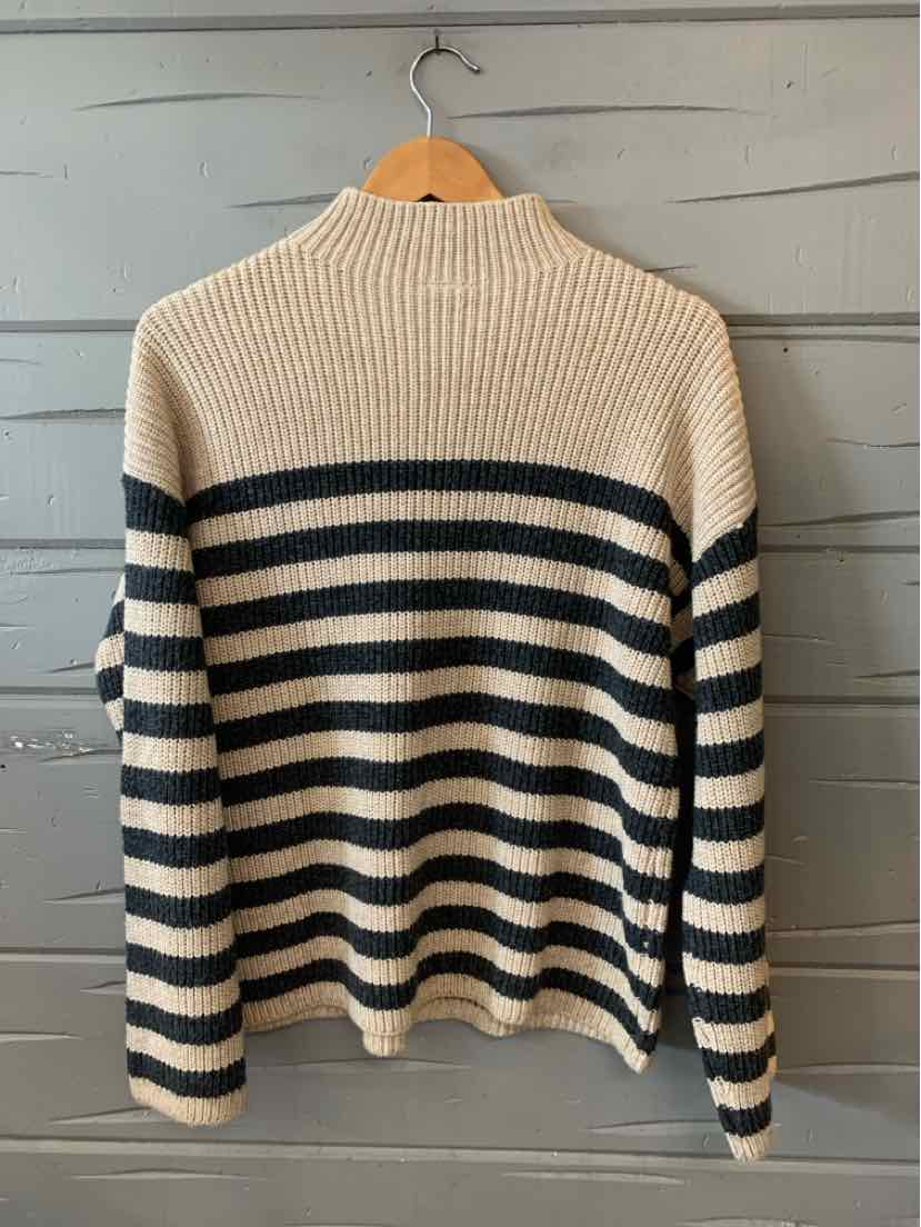 Beige and black striped knit sweater with a mock neck and long sleeves in size XL.
