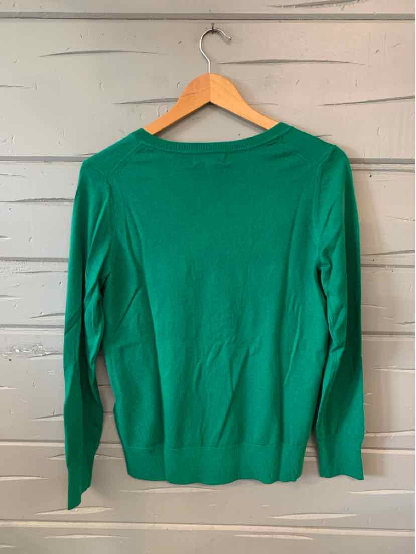 Green long-sleeve Banana Republic sweater in medium size on wooden hanger.