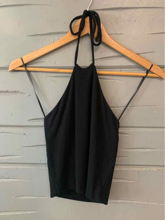 Black halter neck crop top with a tie closure and ribbed hem in size XS.