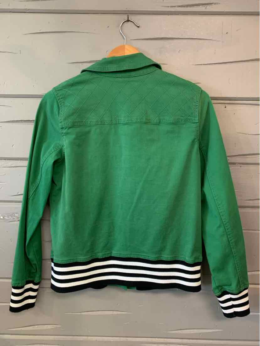Green long-sleeve jacket with black and white striped cuffs and waistband, lightweight fabric.