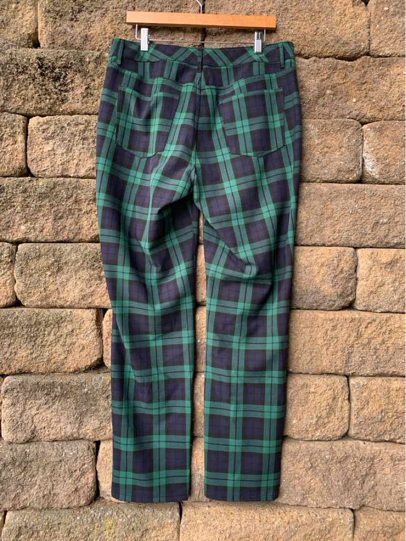 Women’s Talbots plaid trousers in green, navy, and purple, with a straight-leg cut and belt loops.