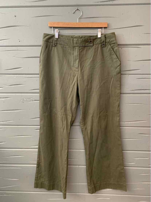 Olive green straight-leg pants with front pockets and belt loops, size 12.