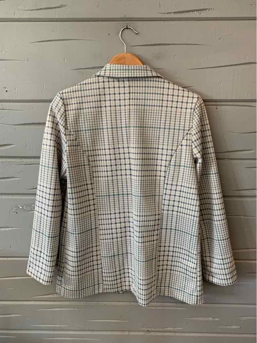 Light gray plaid blazer with blue and tan lines, tailored fit, long sleeves, and a single back vent.