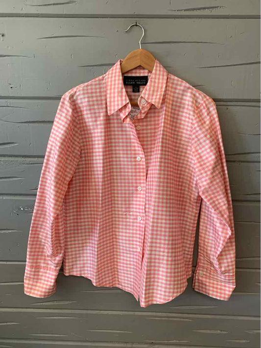 Pink and white gingham button-up shirt with long sleeves and collar, size 8.
