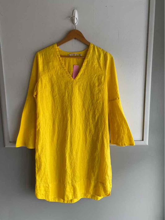 Bright yellow knee-length dress with bell sleeves and a notched neckline on wooden hanger.