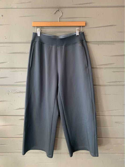Dark gray wide-leg pants with a smooth finish, hanging from a wooden clip hanger.