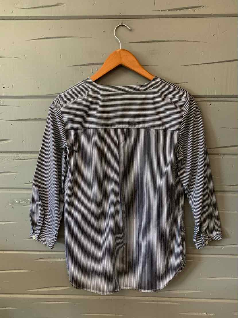 Gray and white striped long-sleeve blouse with buttoned cuffs, relaxed fit, size XS.