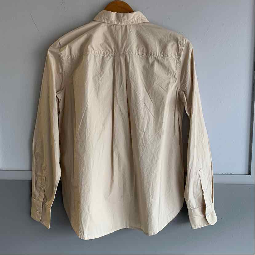 Tan long-sleeve button-up shirt with collar in size small, shown from back.