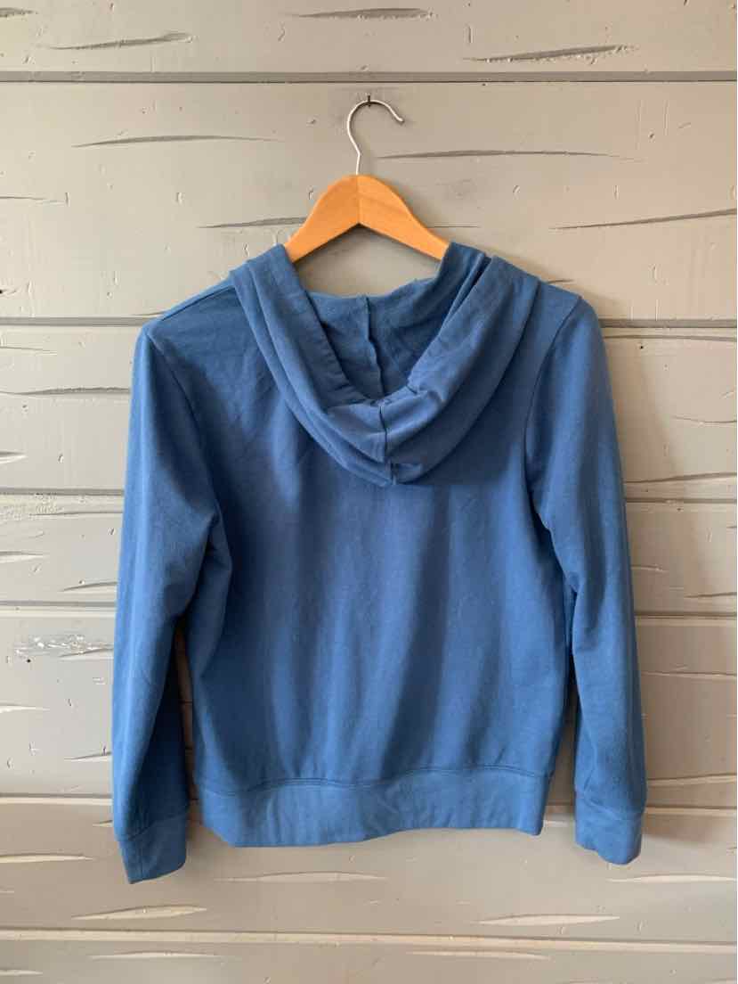 Blue lightweight hoodie with long sleeves and kangaroo pocket, soft cotton blend fabric, size XS.