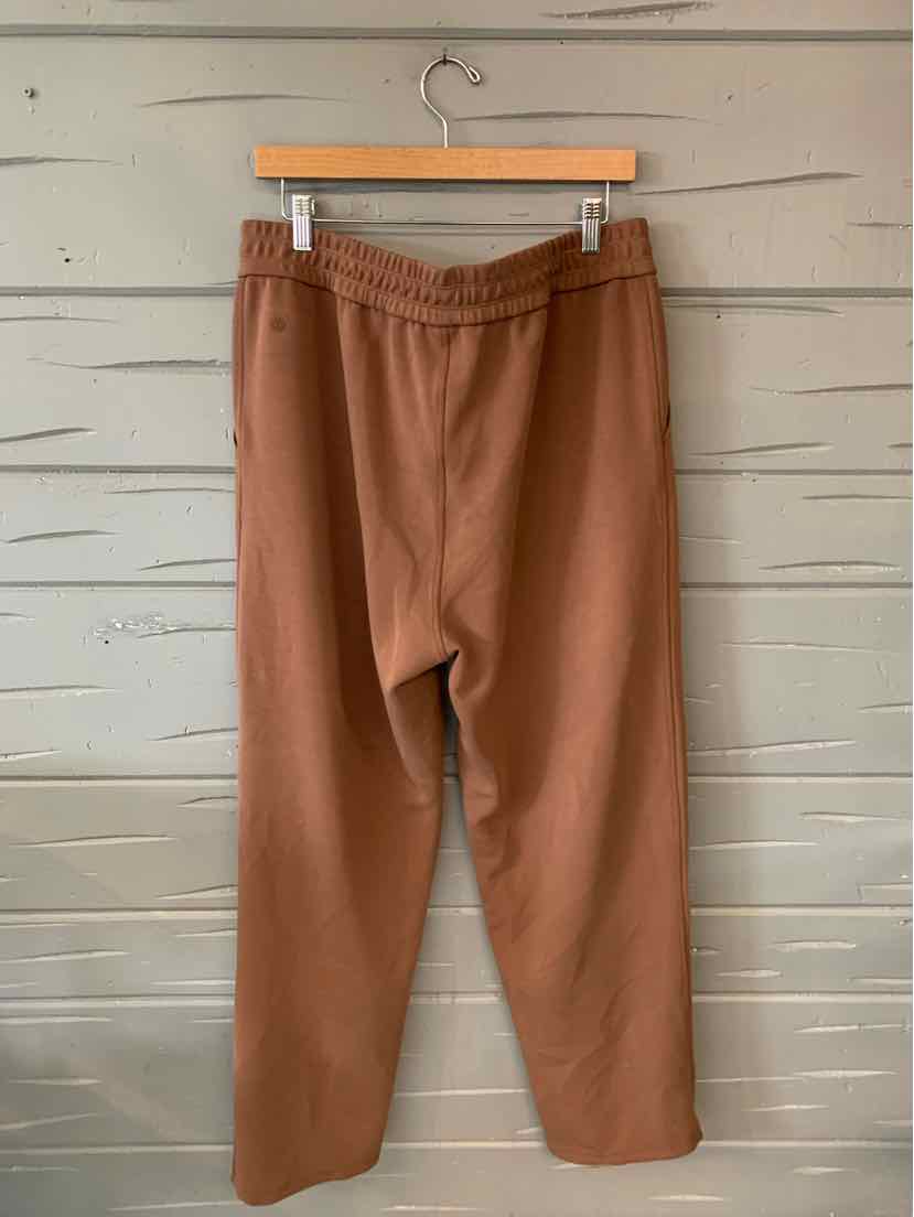 Brown casual pants with elastic waistband and relaxed fit hanging on wooden hanger.