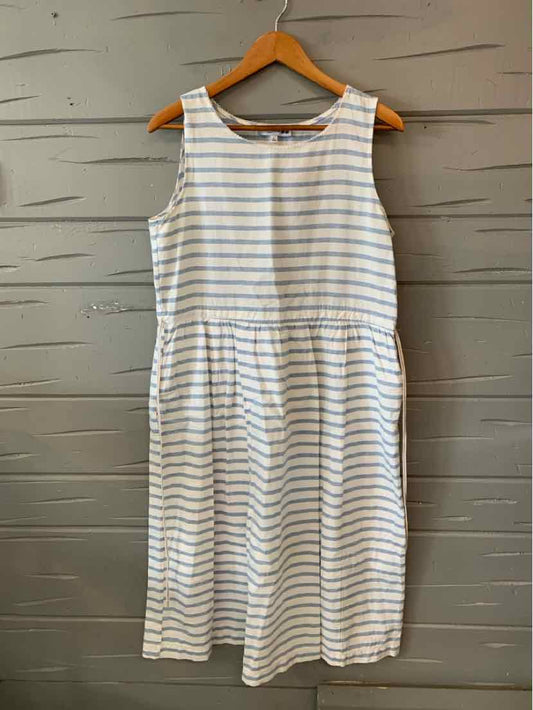 Sleeveless white dress with thin horizontal blue stripes and gathered waist, knee-length.