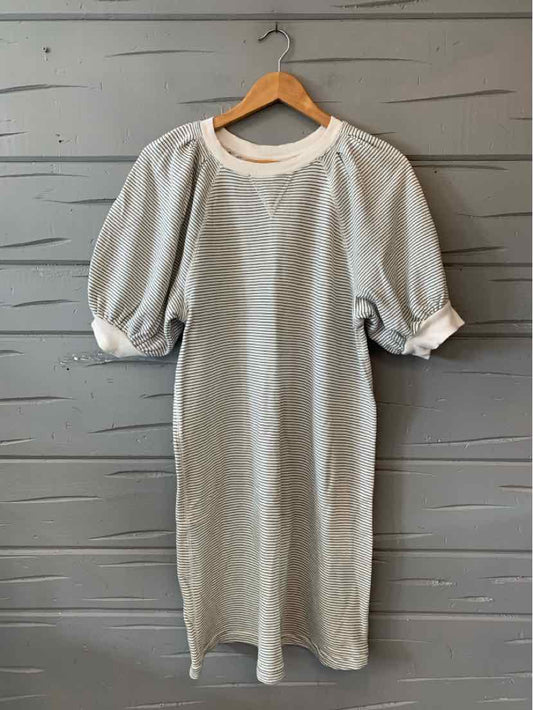 Light gray short-sleeve dress with subtle vertical stripes and white ribbed collar and sleeve cuffs.